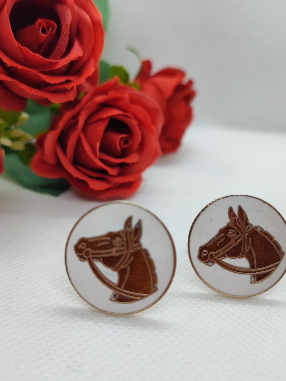 Vintage Equestrian Horse Head Enamel Cufflinks in Brown and White